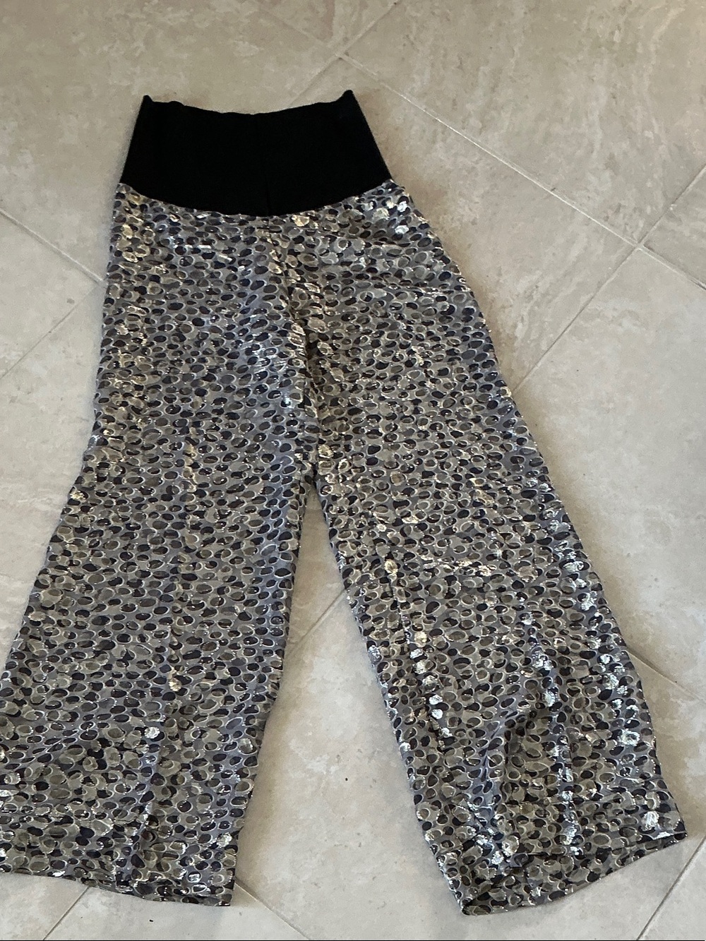 John Elliott Silver Sequin Wide-Leg Pants with Black Waistband